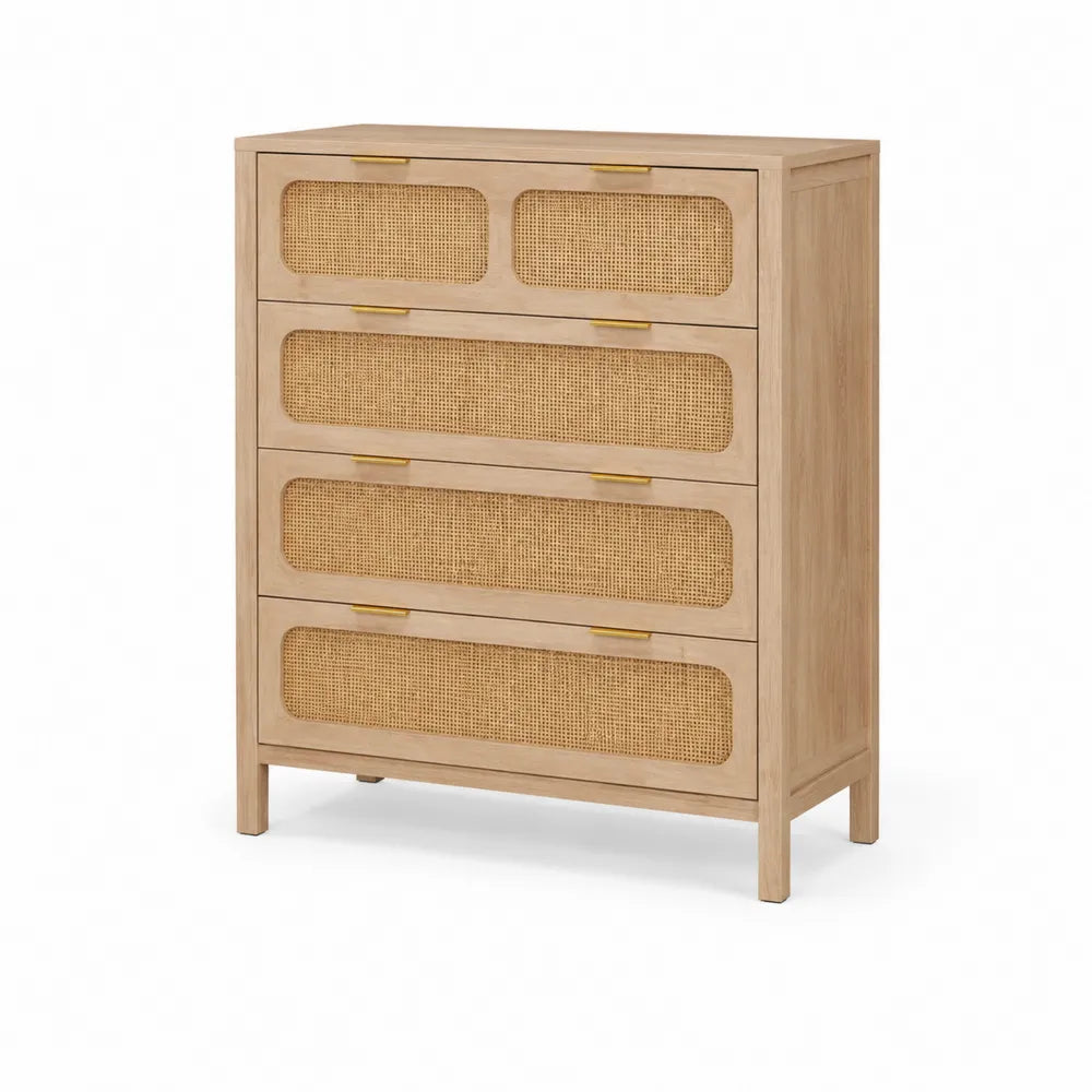 Kommode aus Kiefernholz mit Rattanfronten und Messinggriffen