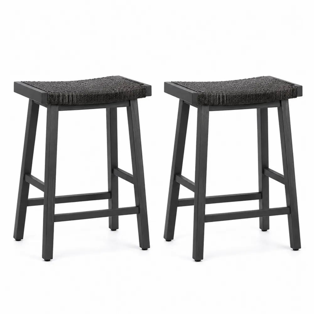 2er-Set Barhocker Schwarz Holz und Rattan Sitzhöhe 65cm