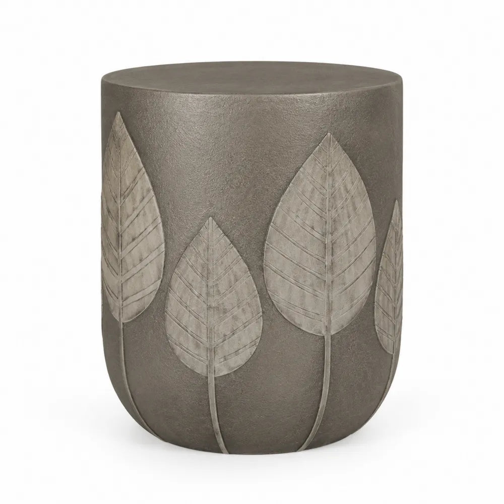 Betontisch mit Blattmuster, Grau, Höhe 40 cm, Durchmesser 30 cm