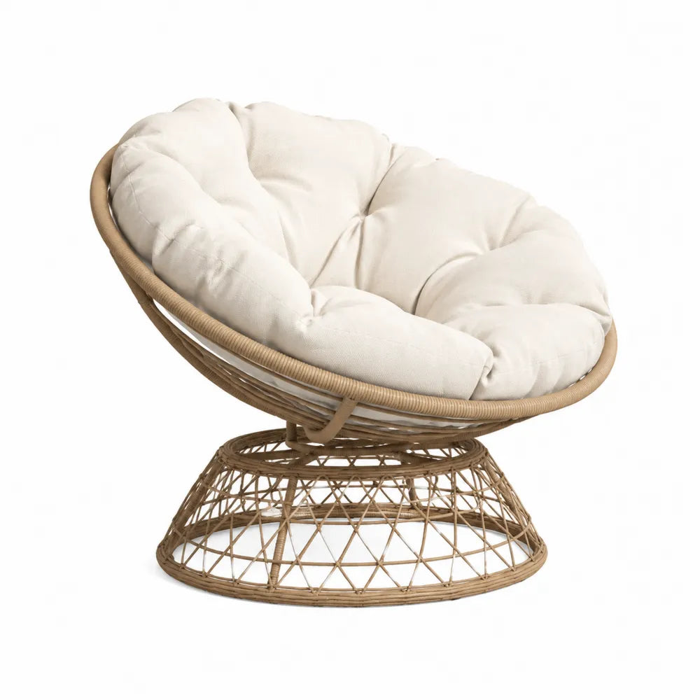 Runder Rattanstuhl mit beige Baumwollpolster, Durchmesser 100 cm