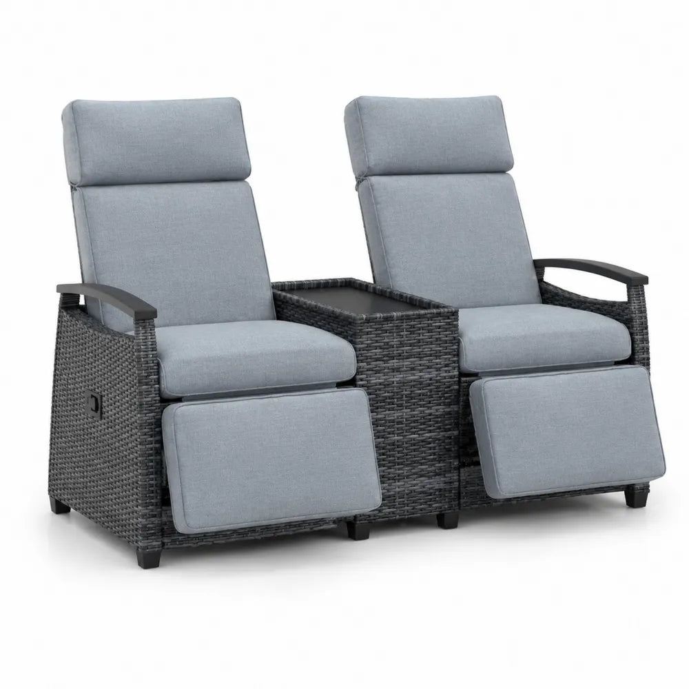 2er Set Polyrattan Sessel mit Tisch Verstellbar Grau