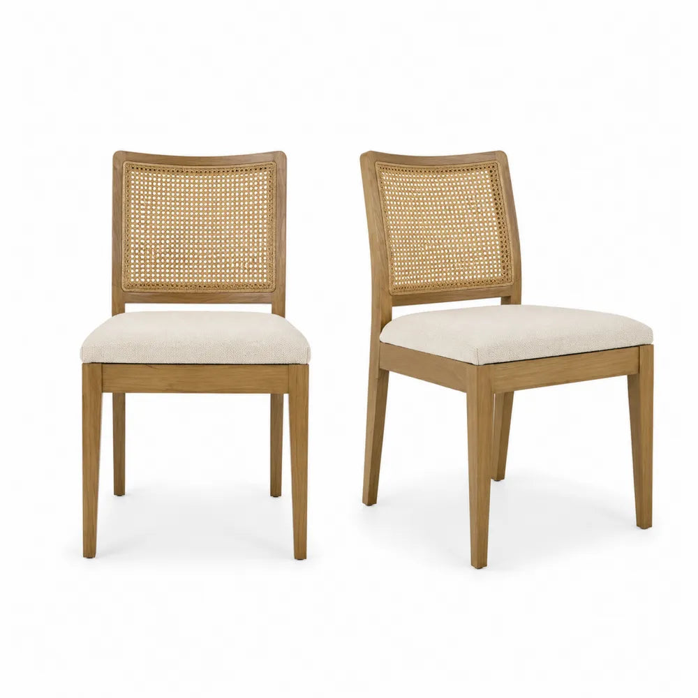 Esszimmerstuhl Set aus Massivholz und Rattan mit Polyesterpolsterung 2er-Set Beige