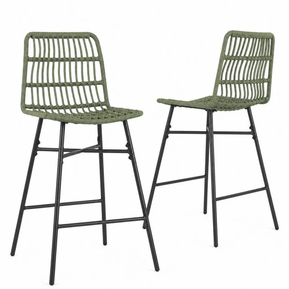 Set aus 2 Barhockern, Stahlrahmen, Kunststoffgeflecht, grün