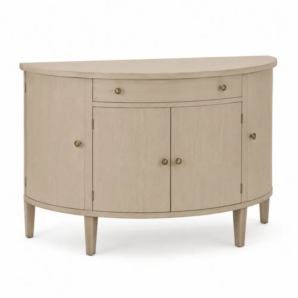 Halbrundes Sideboard aus Massivholz mit Schublade und Türen, Beige