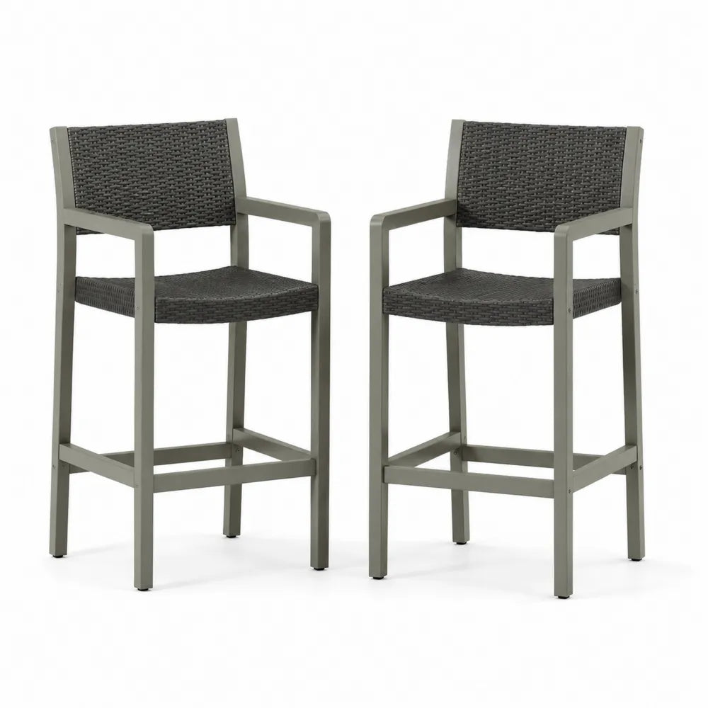 2-teiliges Barstuhl-Set aus Aluminium und Polyethylen-Rattan in Dunkelgrau