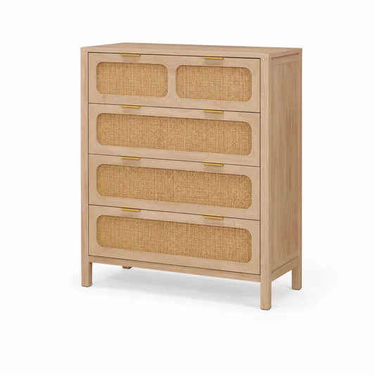 Kommode aus Kiefernholz mit Rattanfronten und Messinggriffen
