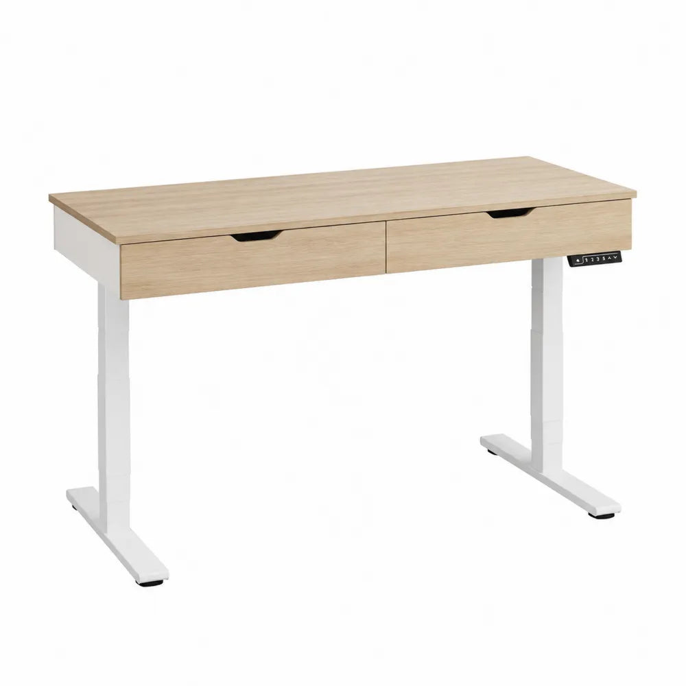 Höhenverstellbarer Schreibtisch aus Holzfurnier und Stahl mit zwei Schubladen