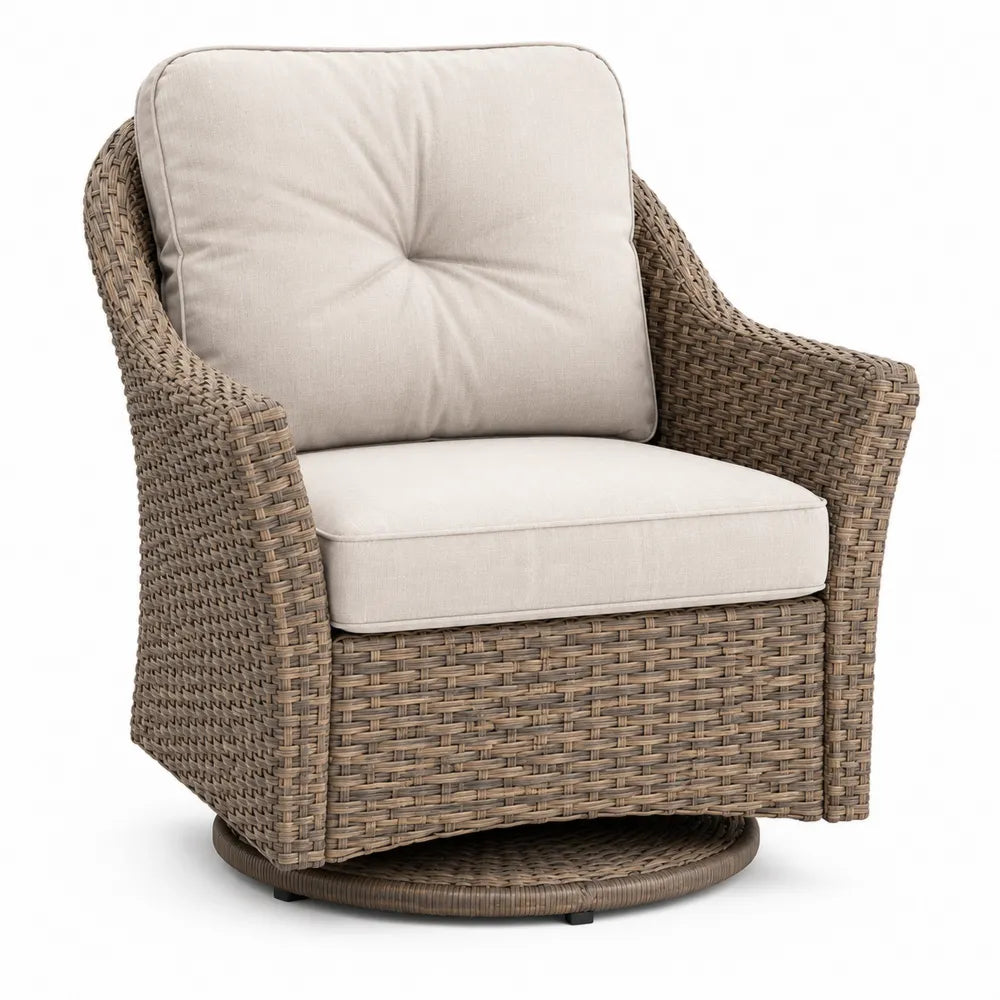 Drehbarer Sessel aus Polyethylen-Rattan mit Polyesterbezug Beige