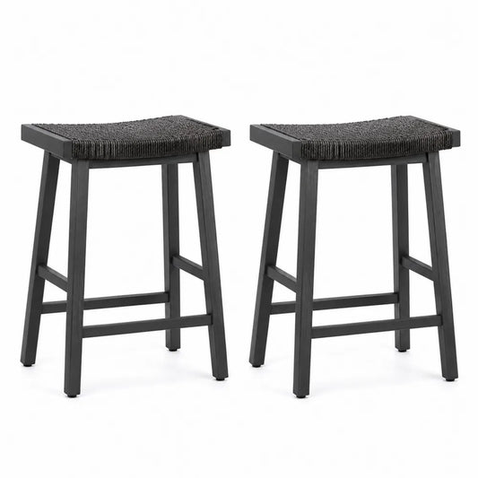 2er-Set Barhocker Schwarz Holz und Rattan Sitzhöhe 65cm