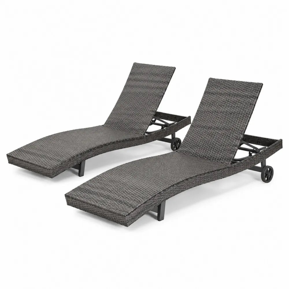 2er-Set Polyrattan Sonnenliegen mit Rädern Grau