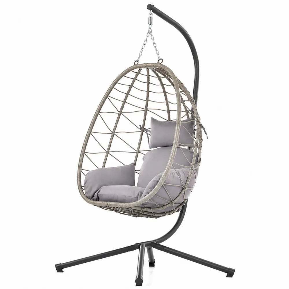 Polyrattan Hängesessel mit Stahlgestell und grauen Kissen