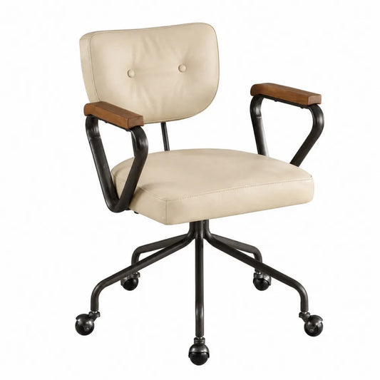 Metall-Drehstuhl mit Kunstleder in Creme und Holzarmlehnen