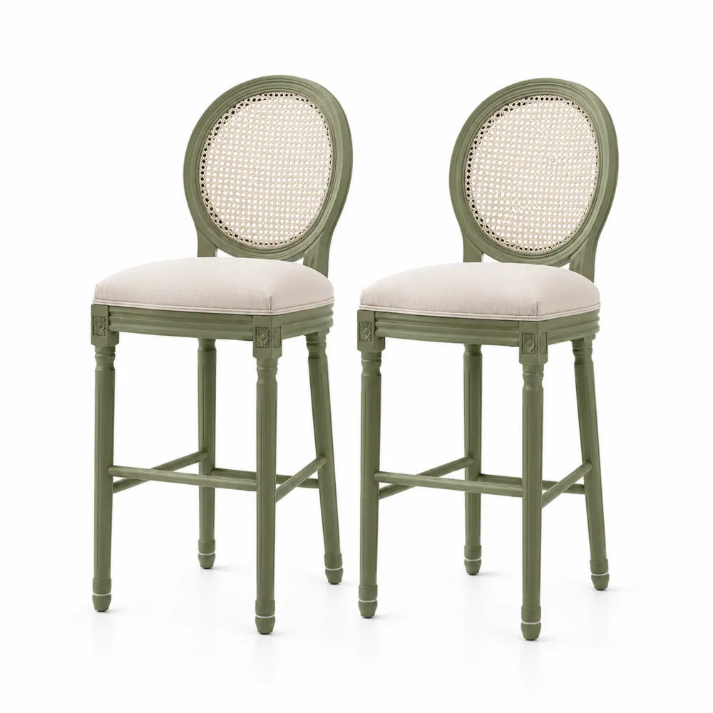 Set aus 2 Barhockern aus Holz mit Rattan-Rückenlehne und Leinen-Sitz in Grün