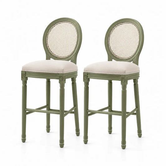 Set aus 2 Barhockern aus Holz mit Rattan-Rückenlehne und Leinen-Sitz in Grün