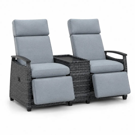 2er Set Polyrattan Sessel mit Tisch Verstellbar Grau