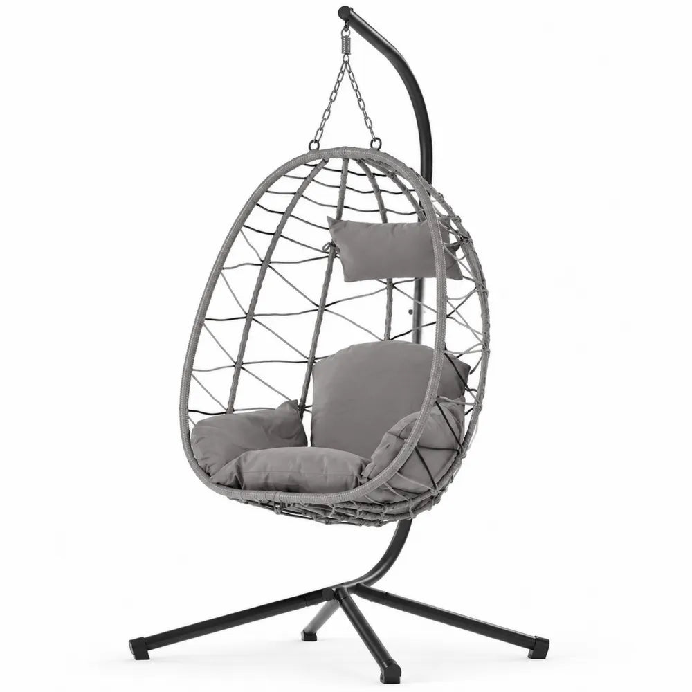 Hängesessel aus Rattan mit Stahlrahmen und Kissen, 195 cm Höhe, Grau