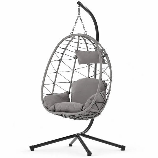 Hängesessel aus Rattan mit Stahlrahmen und Kissen, 195 cm Höhe, Grau