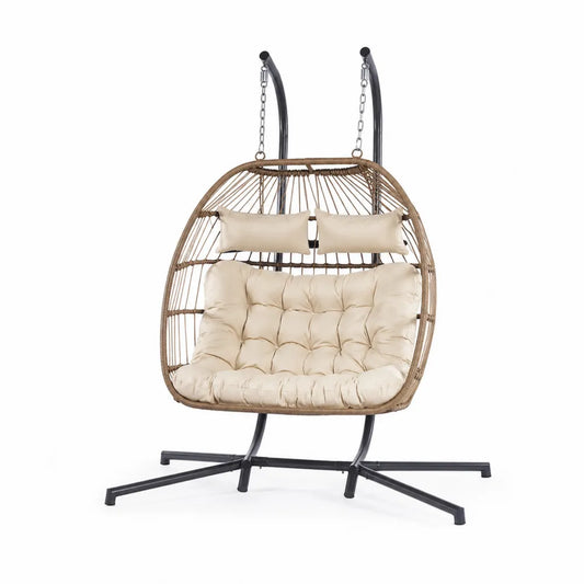 Rattan Hängesessel für 2 Personen mit Kissen Beige