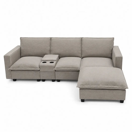 Ecksofa mit Becherhalter Stoff Beige 250x150cm